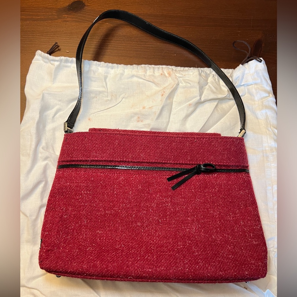 Kate Spade Red Wool Handbag with Black Leather Trim and Floral Lining
